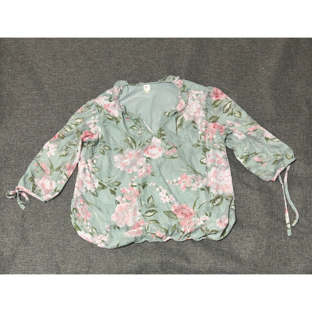 Autres Filles Women's 1X Blouse Green Pink Floral Ruffle Neck Tie‎ Sleeve